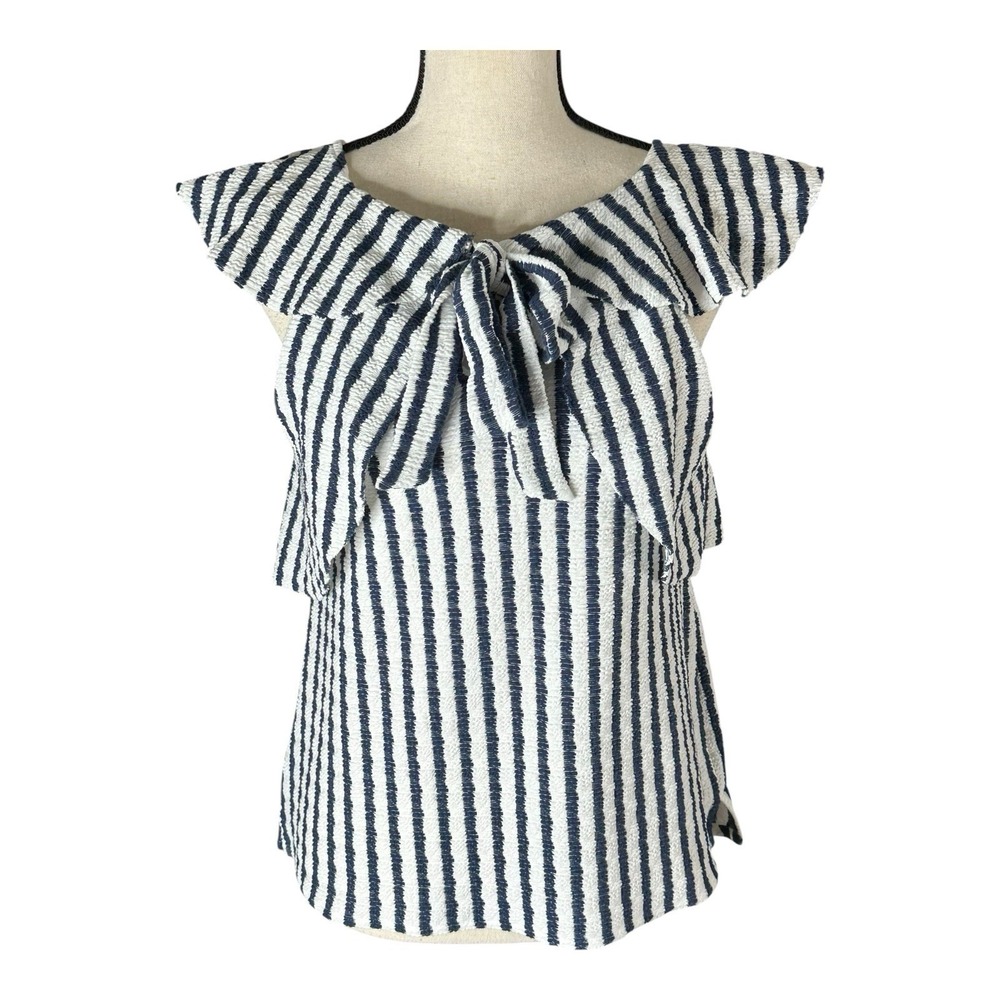 EUC Eva Franco Keely Striped Bow Back Ruffle Top Navy Blue & White Stripe Size S